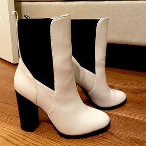 Black and white color block booties